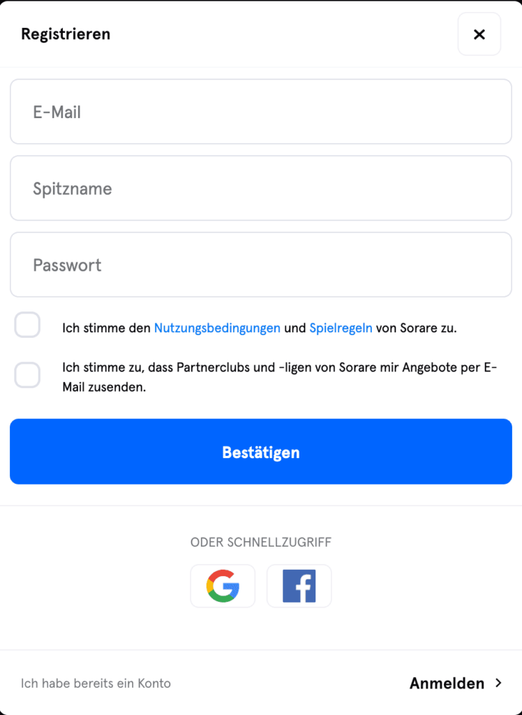 Sorare Registrierungsformular